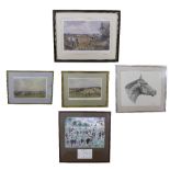 Collection of five coloured prints of horse racing interest to include David Langdon Derby Day
