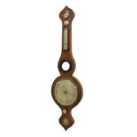 Walnut five glass banjo barometer, with 8" silvered principal dial within a shaped case surmounted