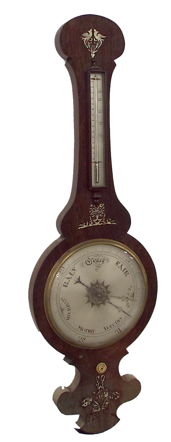 Large rosewood two glass banjo barometer, with a 10" silvered dial within a mother of pearl inlaid