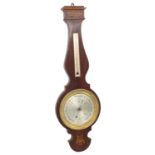 Rosewood inlaid banjo barometer, the 8" silvered dial within a gilt engraved surround inscribed