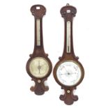 Walnut banjo barometer/thermometer, the 10" white dial within a shaped case with C-scroll borders;