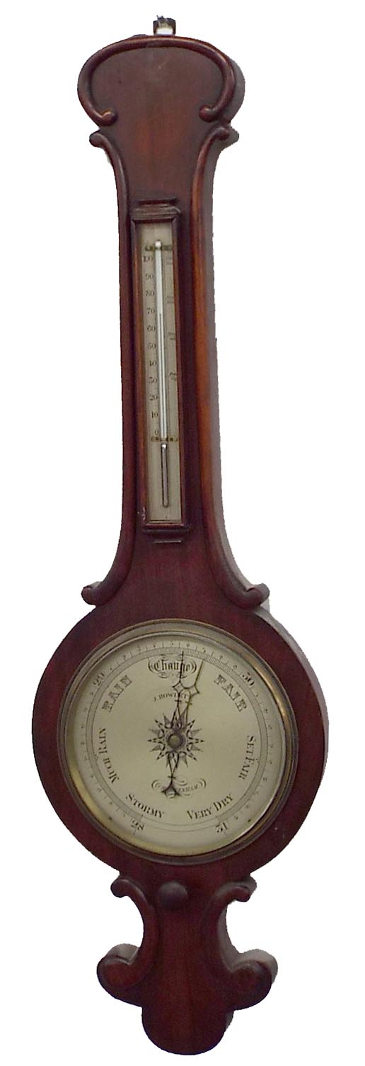 Mahogany two glass banjo barometer, 8" silvered dial signed J. Howlett, Cheltenham, within a