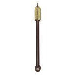 Mahogany stick barometer, the arched ivory scale signed Comitti & Son, London to one side and fitted