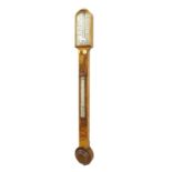Figured walnut stick barometer/thermometer, the silvered angled scale signed Wood, Late Abraham &