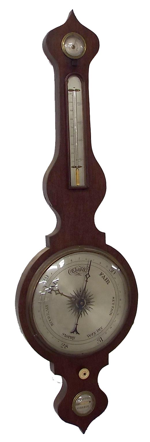 Oak onion top four glass banjo barometer, with 10" circular silvered dial, 40" high
