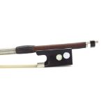 Silver mounted violin bow stamped Vidoudez Geneve, the stick octagonal, the ebony frog inlaid with