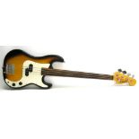 Tanglewood Lone Wolf fretless bass guitar, sunburst finish, electrics appear to be in working order,