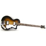 Hofner T-2 (500/2) bass guitar, circa 1965, sunburst finish with lacquer checking, electrics