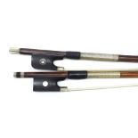 Silver mounted violin bow stamped Emile Ouchard, 54gm; also another silver mounted violin bow,