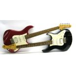 Two Yamaha Pacifica PAC 012 electric guitars, one with metallic red finish, the other with black,