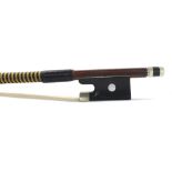 Nickel mounted violin bow stamped A. Lamy a Paris, the stick round, the ebony frog inlaid with pearl