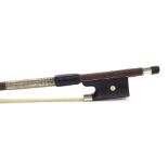 Good French silver mounted violin bow possibly by Morizot Pere and faintly stamped, the stick round,