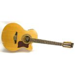 Vintage VEC380-12 electro-acoustic guitar, natural finish, some light wear, electrics appear to be