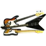 Stagg Flying V bass guitar, black finish; together with a Johnny Brook precision style bass