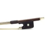 English silver mounted violoncello bow by and stamped J. Reynolds, the stick round, the ebony frog