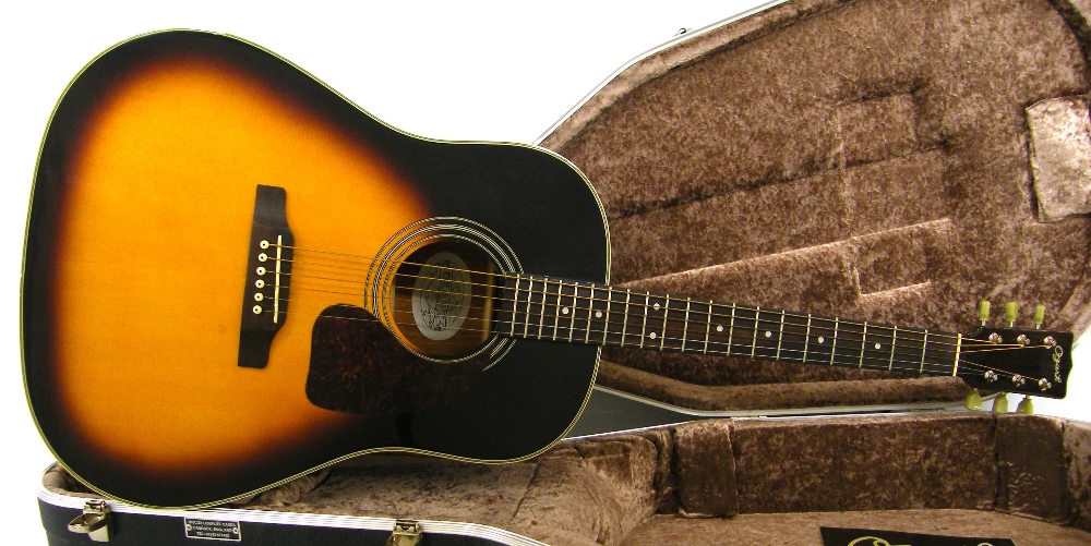 Ozark 3392 acoustic guitar, made in Korea, sunburst finish, Hiscox hard case, condition: good