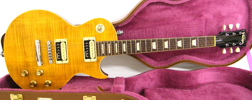 Vintage Paradise electric guitar, flame amber finish, electrics appear to be in working order,