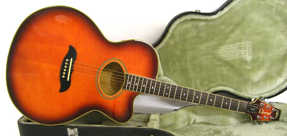 Aria Elecord FET-DLX electro-acoustic guitar, orange burst finish, hard case, condition: good