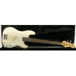 Encore Precision style bass guitar, metallic blonde finish, electrics appear to be in working order,
