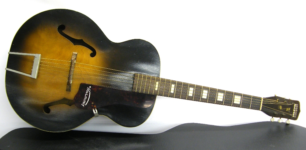 Harmony Master H945 arch acoustic guitar, made in USA, circa 1960s, sunburst finish with usual