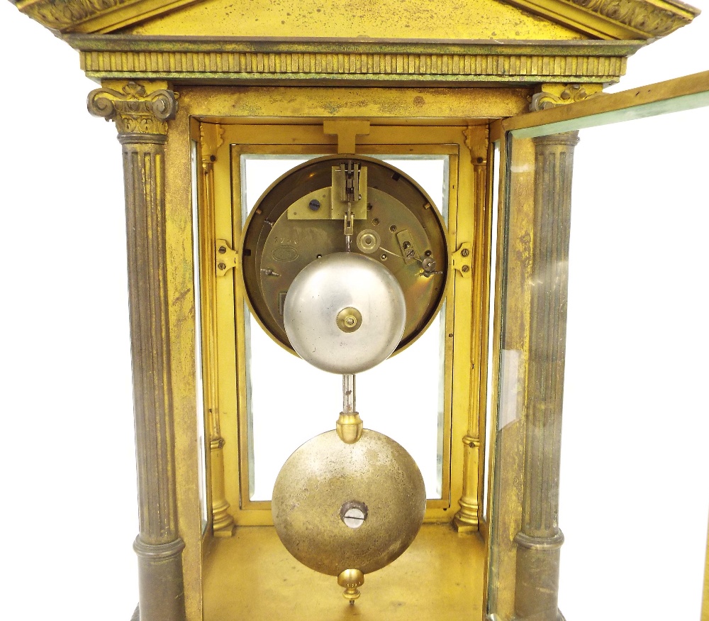 Impressive bronze four glass two train mantel clock striking on a bell, the 4" dial with recessed - Image 2 of 3