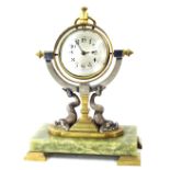 Decorative reproduction silvered brass and green onyx industrial mantel clock timepiece, the 4"