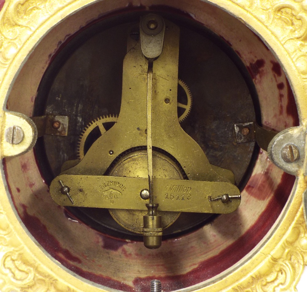 Unusual pottery and gilt metal figural mantel clock timepiece with Lenzkirch movement, the 4" - Image 2 of 2