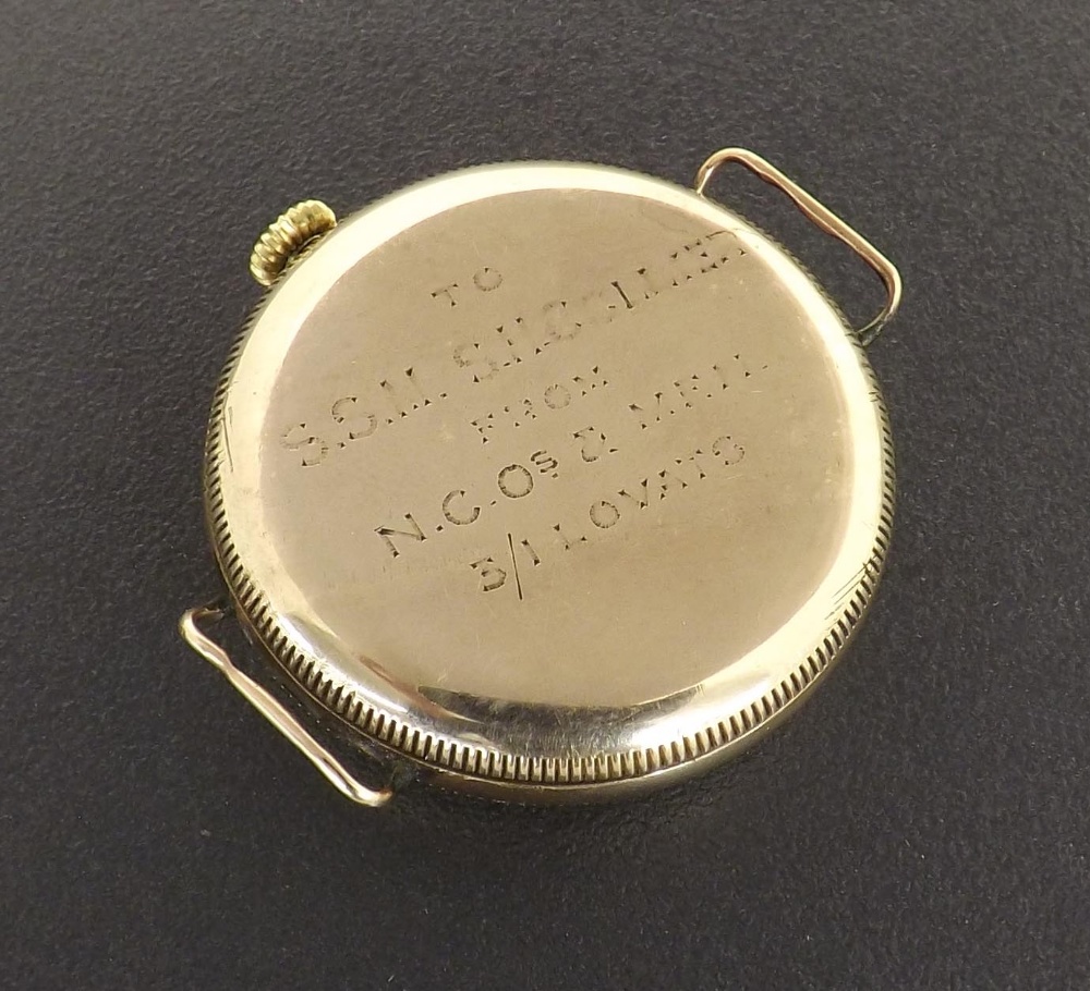 Rolex 9ct Military officer's trench wristwatch, import hallmarks for London 1915, the black dial - Image 2 of 3