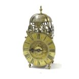 Small interesting French brass verge hook and spike lantern clock with alarm, the 5" brass dial
