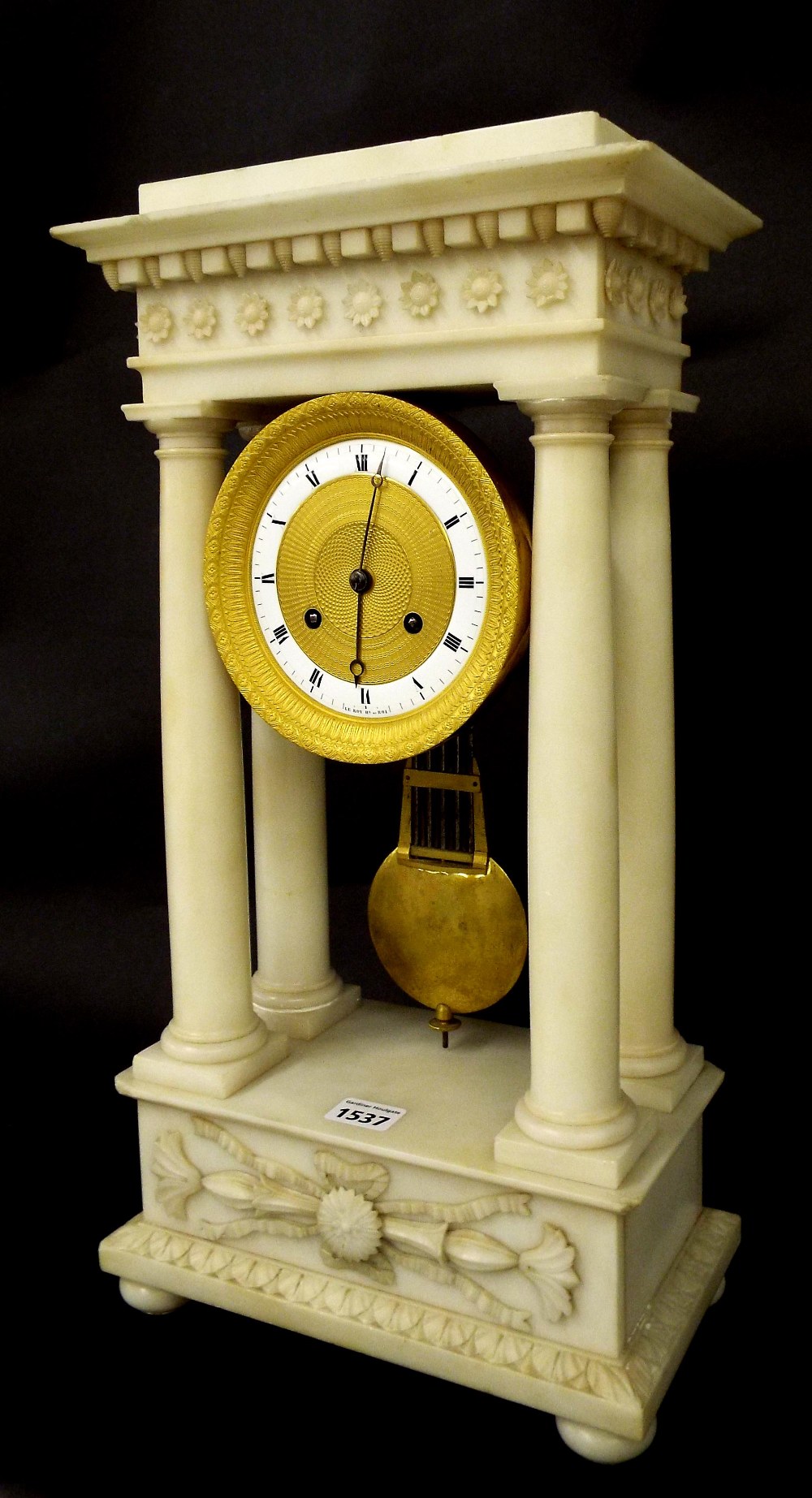 French white marble two train portico mantel clock, the movement with outside countwheel striking on