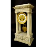 French white marble two train portico mantel clock, the movement with outside countwheel striking on