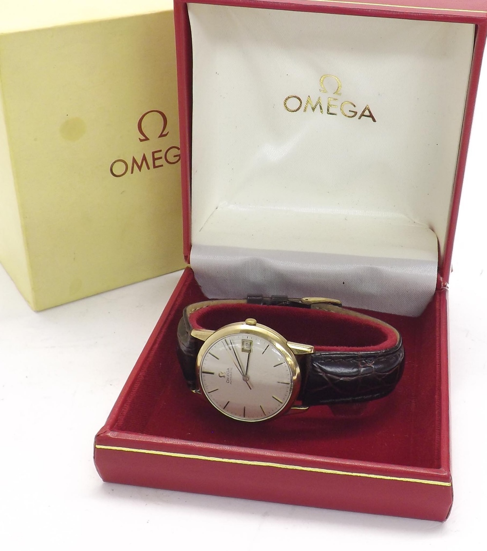 Omega 9ct automatic gentleman's wristwatch, the circular silvered dial with baton markers, sweep