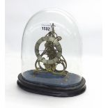 Small brass single fusee skeleton clock, 3.5" silvered chapter ring upon rounded shaped supports,