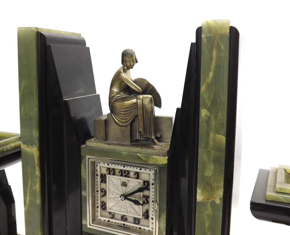 Good green onyx and black marble Art Deco Ato mantel clock garniture, the 4.5" square silvered - Image 4 of 4