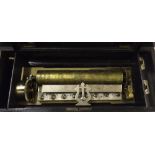 Rosewood and ebony banded music box playing on six airs, with 10.75" cylinder and original tune