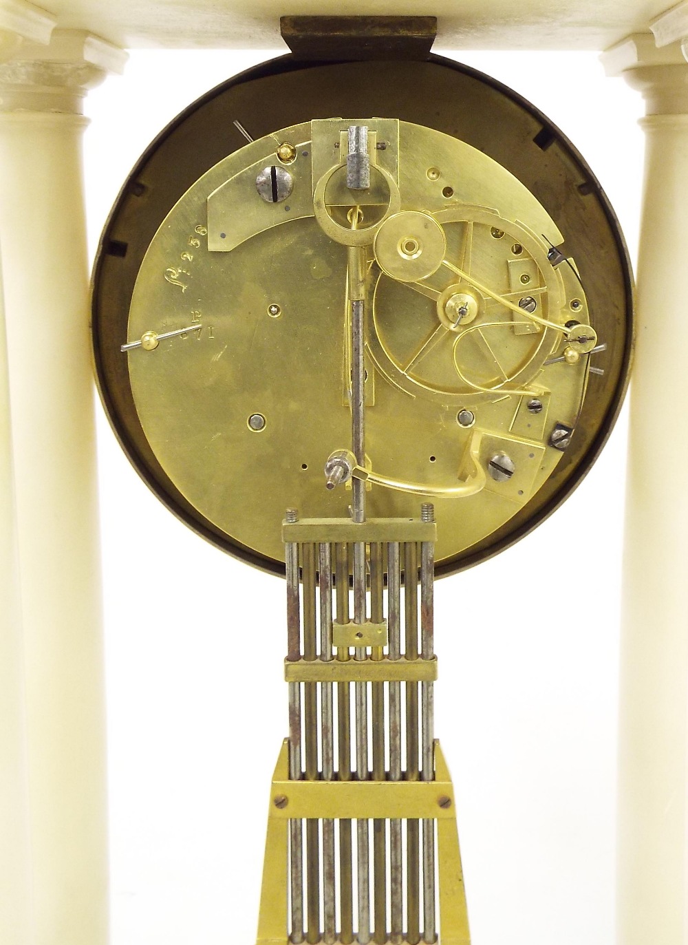 French white marble two train portico mantel clock, the movement with outside countwheel striking on - Image 2 of 5