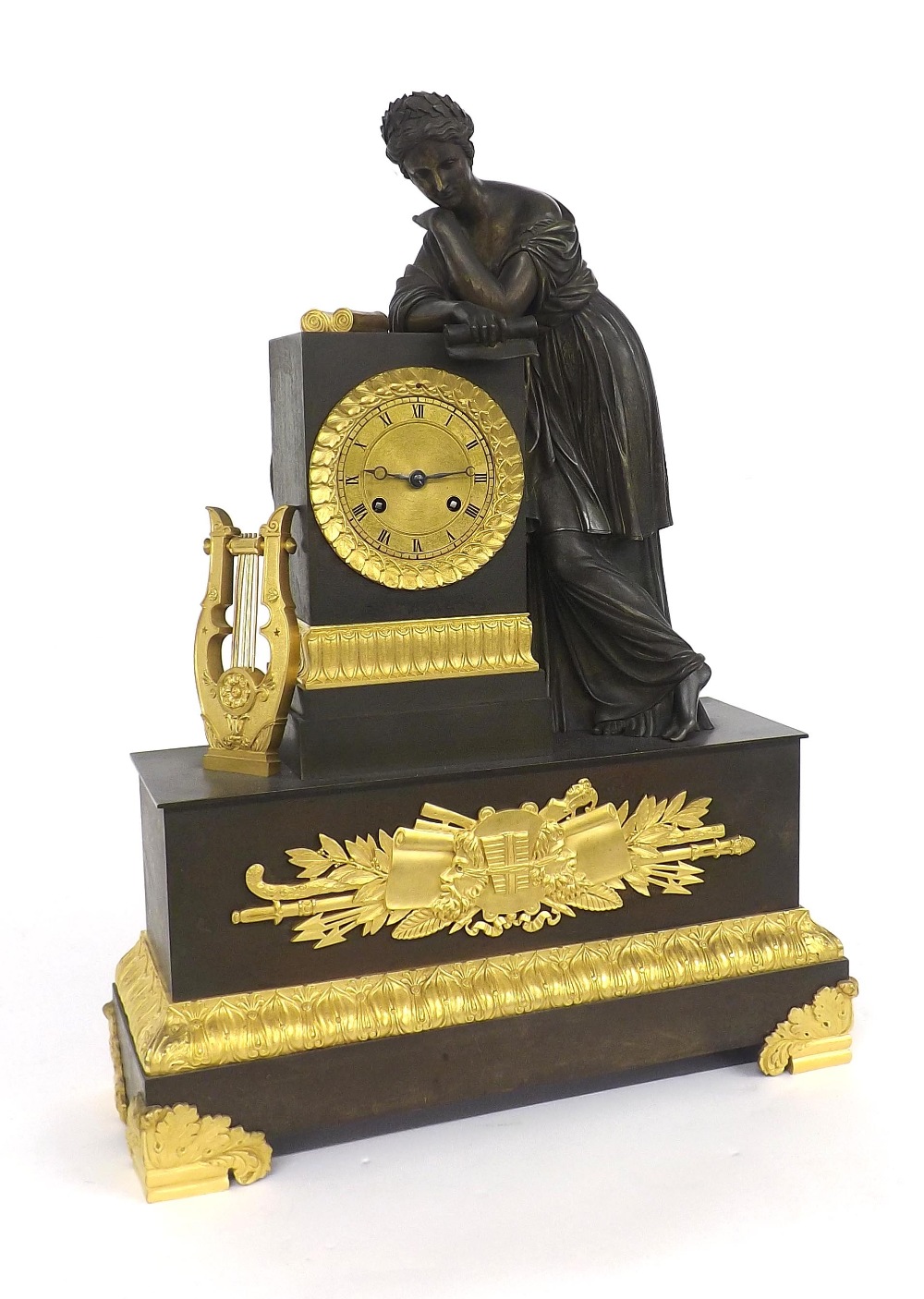 Good French bronze and ormolu two train figural mantel clock, the Pons movement with outside