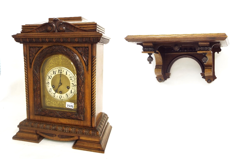 German walnut three train bracket clock, the Junghans movement striking on a gong and chiming on