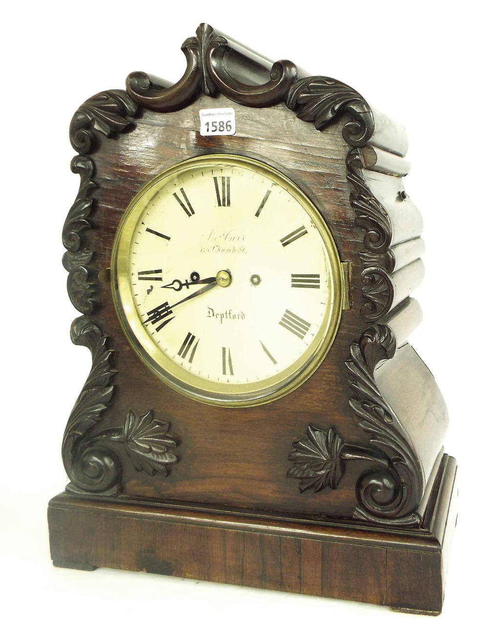 English rosewood double fusee mantel clock, the 7.5" cream dial signed Jonathan Carr, 170 Church