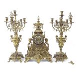 French gilt metal and porcelain mounted two train mantel clock garniture, the movement with