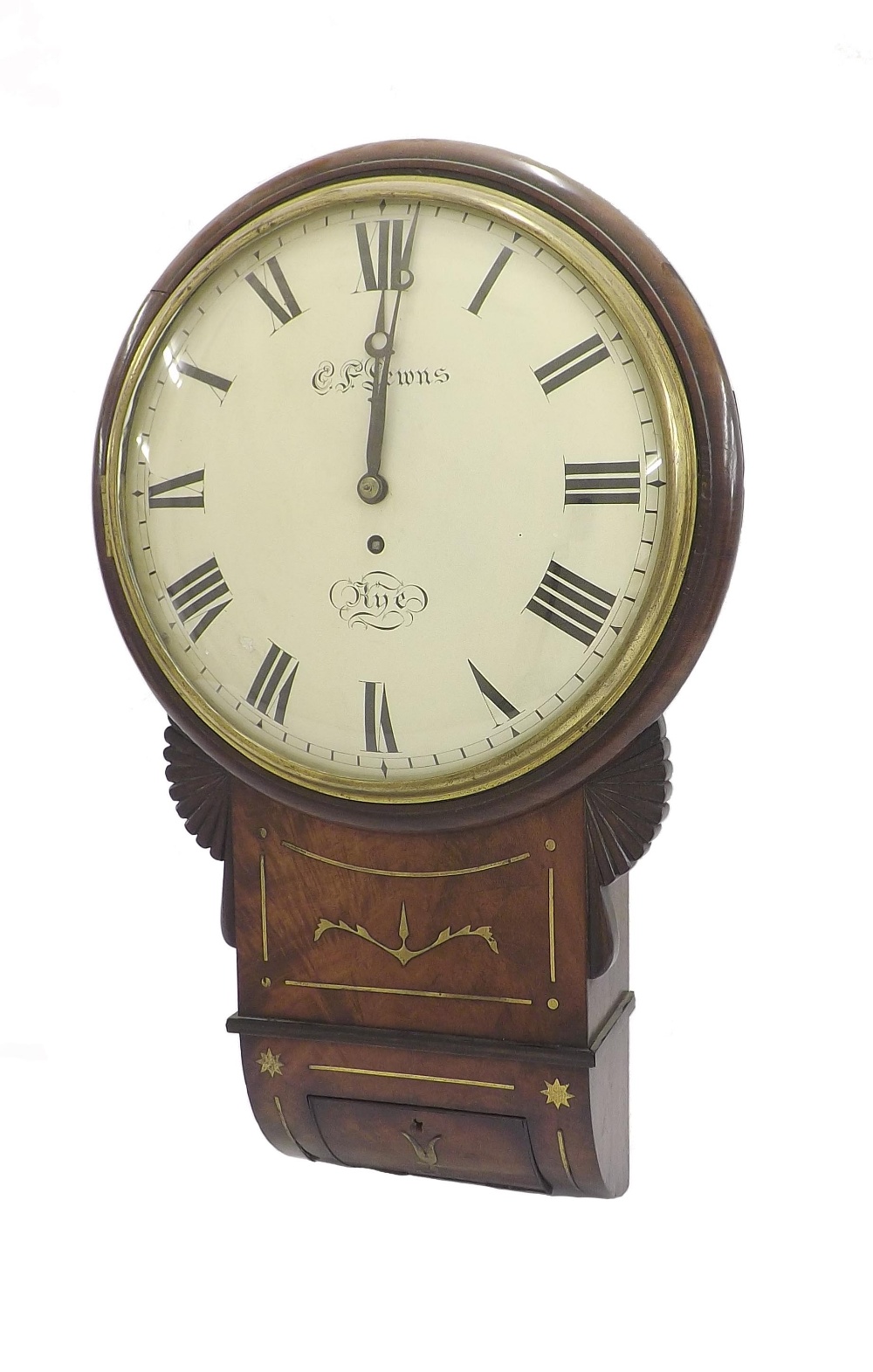 Good mahogany single fusee 12" convex drop dial wall clock signed C.F. Sewns, Rye, within a turned