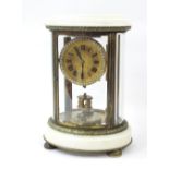Good brass and white marble oval four glass 400 day mantel clock, the 3.5" brass dial enclosed by