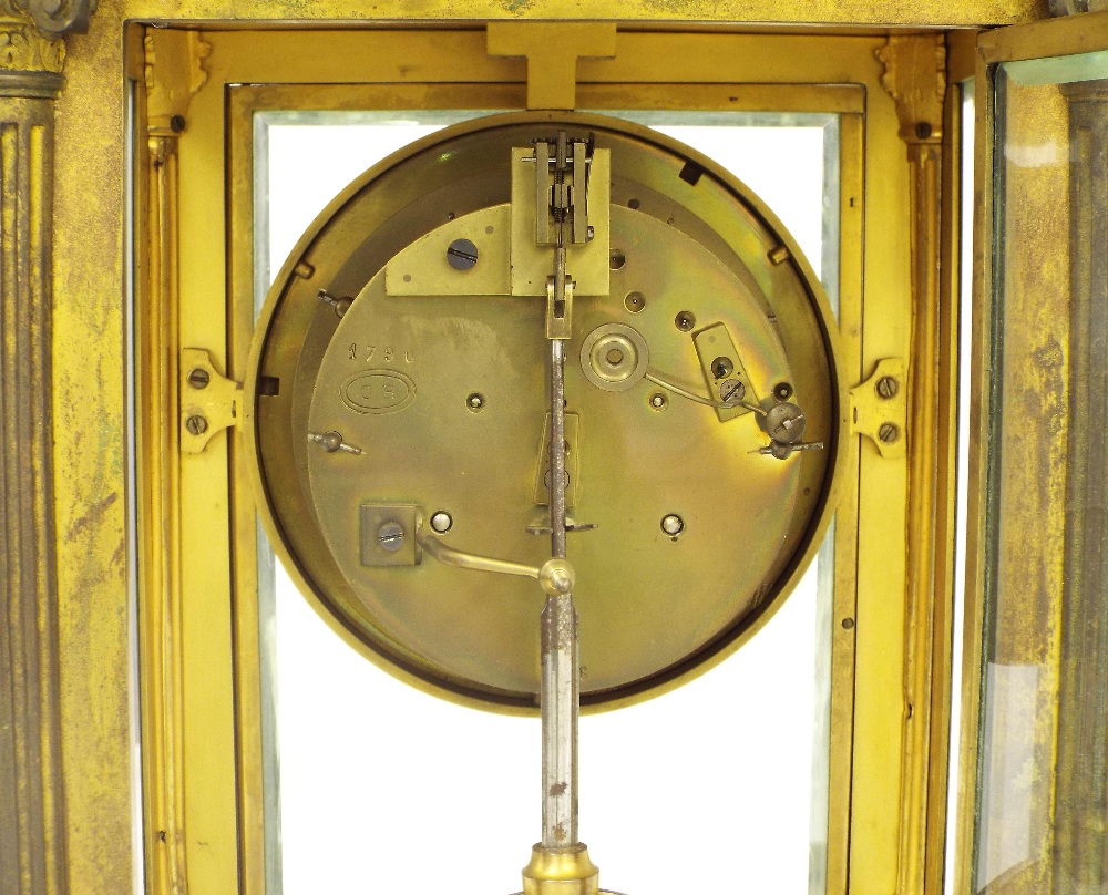 Impressive bronze four glass two train mantel clock striking on a bell, the 4" dial with recessed - Image 3 of 3