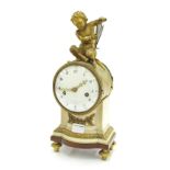 French ormolu and white marble drumhead figural two train mantel clock, the movement with outside