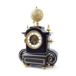 French black painted small two train globe mantel clock, the movement with outside countwheel