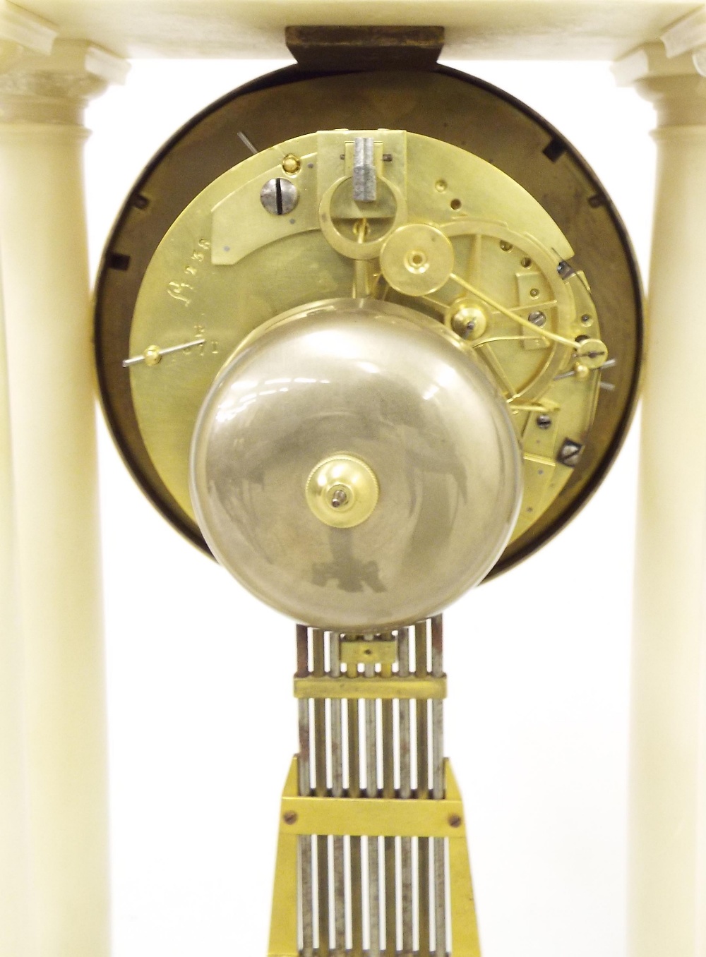 French white marble two train portico mantel clock, the movement with outside countwheel striking on - Image 3 of 5