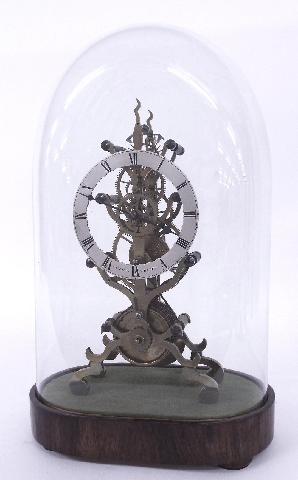 Good brass single fusee skeleton clock, the 5" silvered chapter ring signed Uglow, Truro and