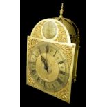 Rare English quarter chiming verge hook and spike lantern clock, the 10" brass arched dial signed