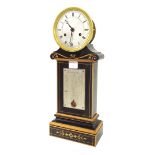 French ebonised and boxwood inlaid two train mantel clock striking on a bell, the 4.25" silvered