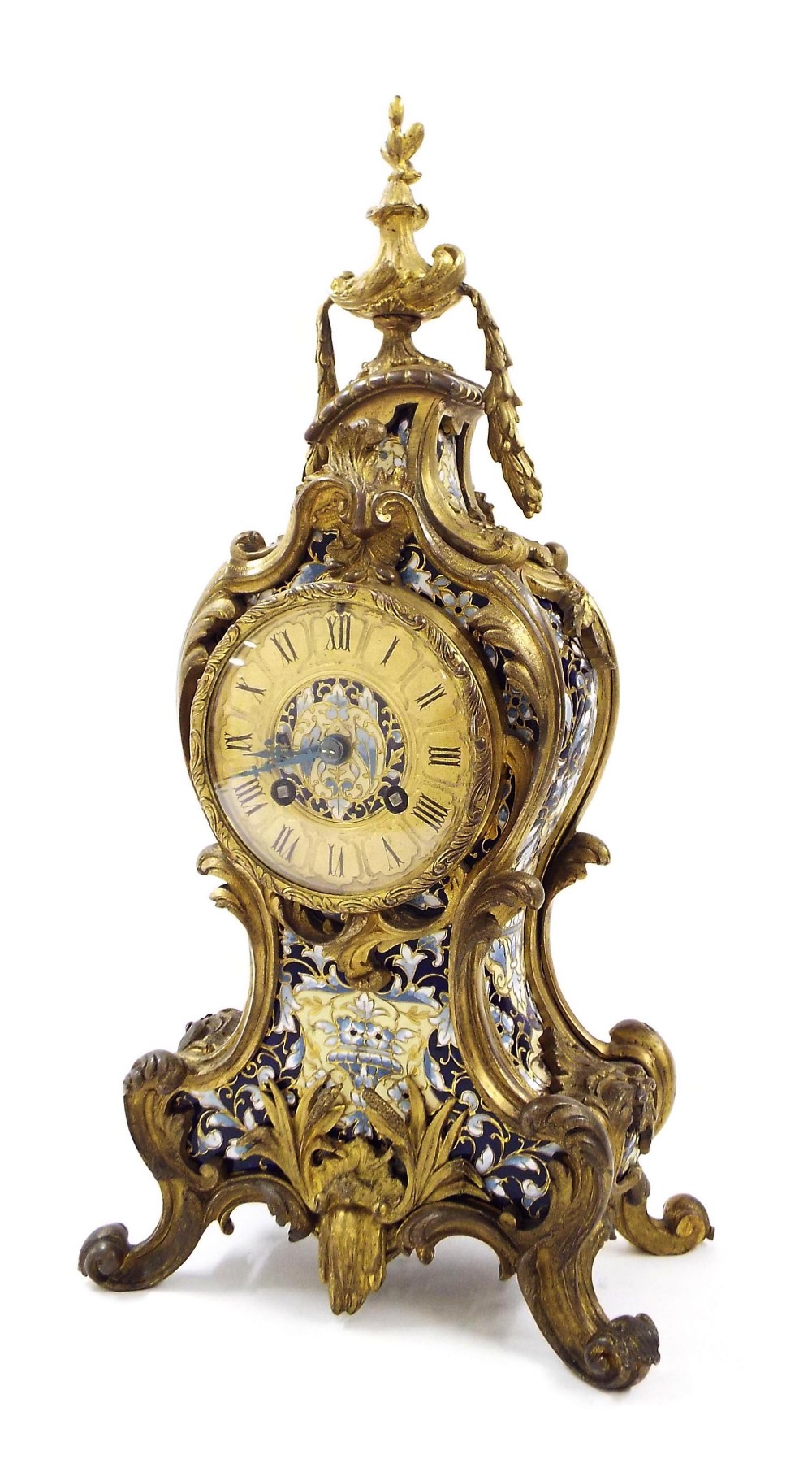 French ormolu and cloisonne two train mantel clock striking on a bell, the 3.5" gilded chapter